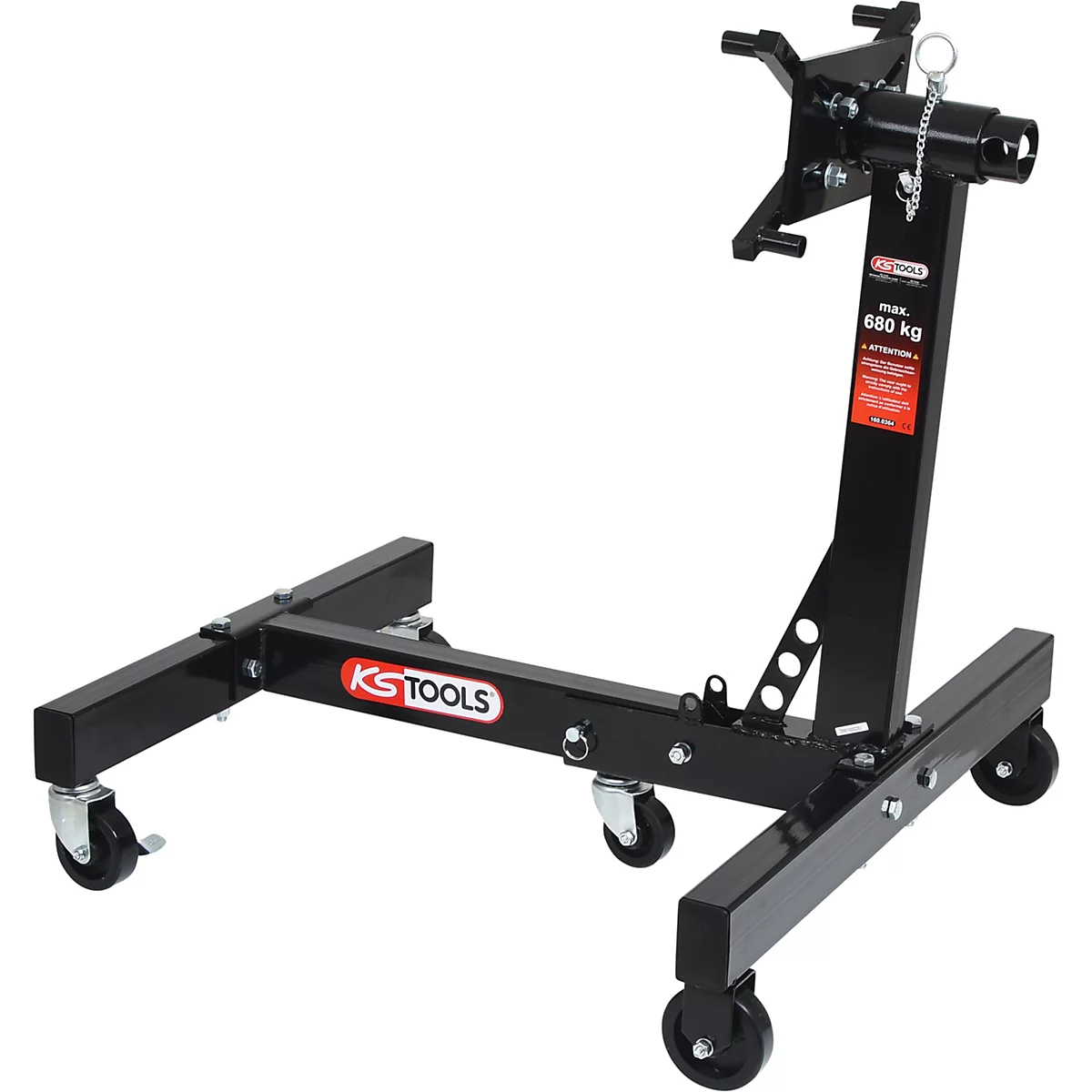 Schwarzer Motorständer mit Rollen und KS TOOLS Logo. Max. 660 kg.